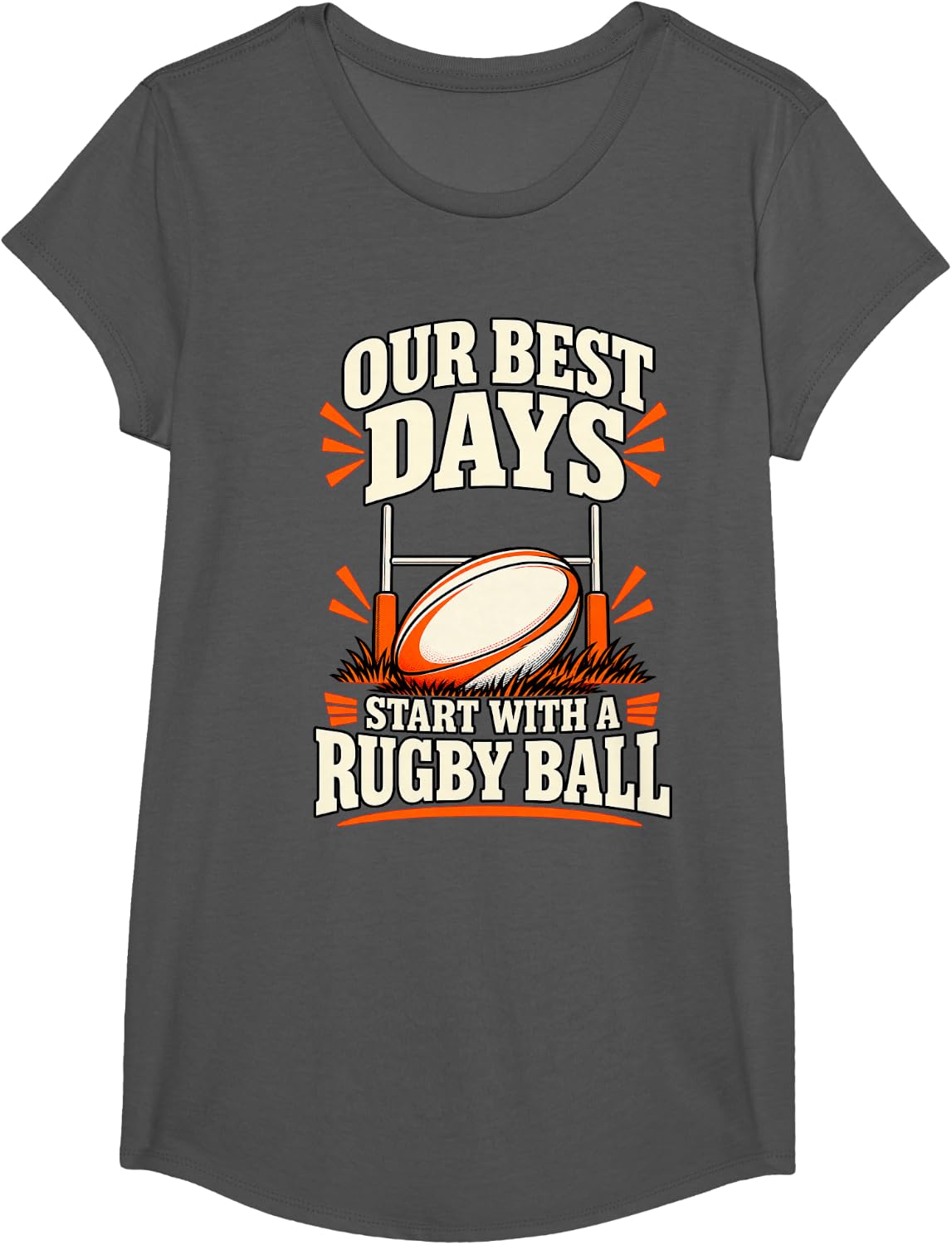 Our Best Days Start with A Rugby Ball Crew T-Shirt - Girls Asphalt Grey