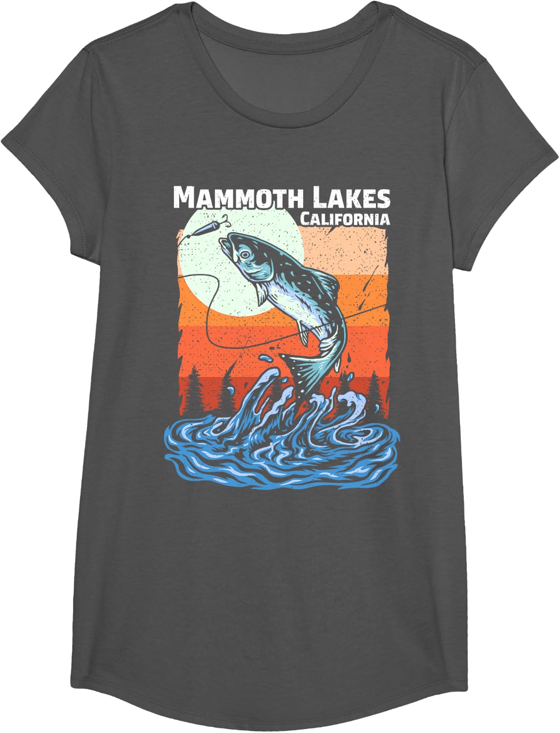 Summer Fishing Retro Sunset California Mammoth Lakes T-Shirt - Girls Asphalt Grey