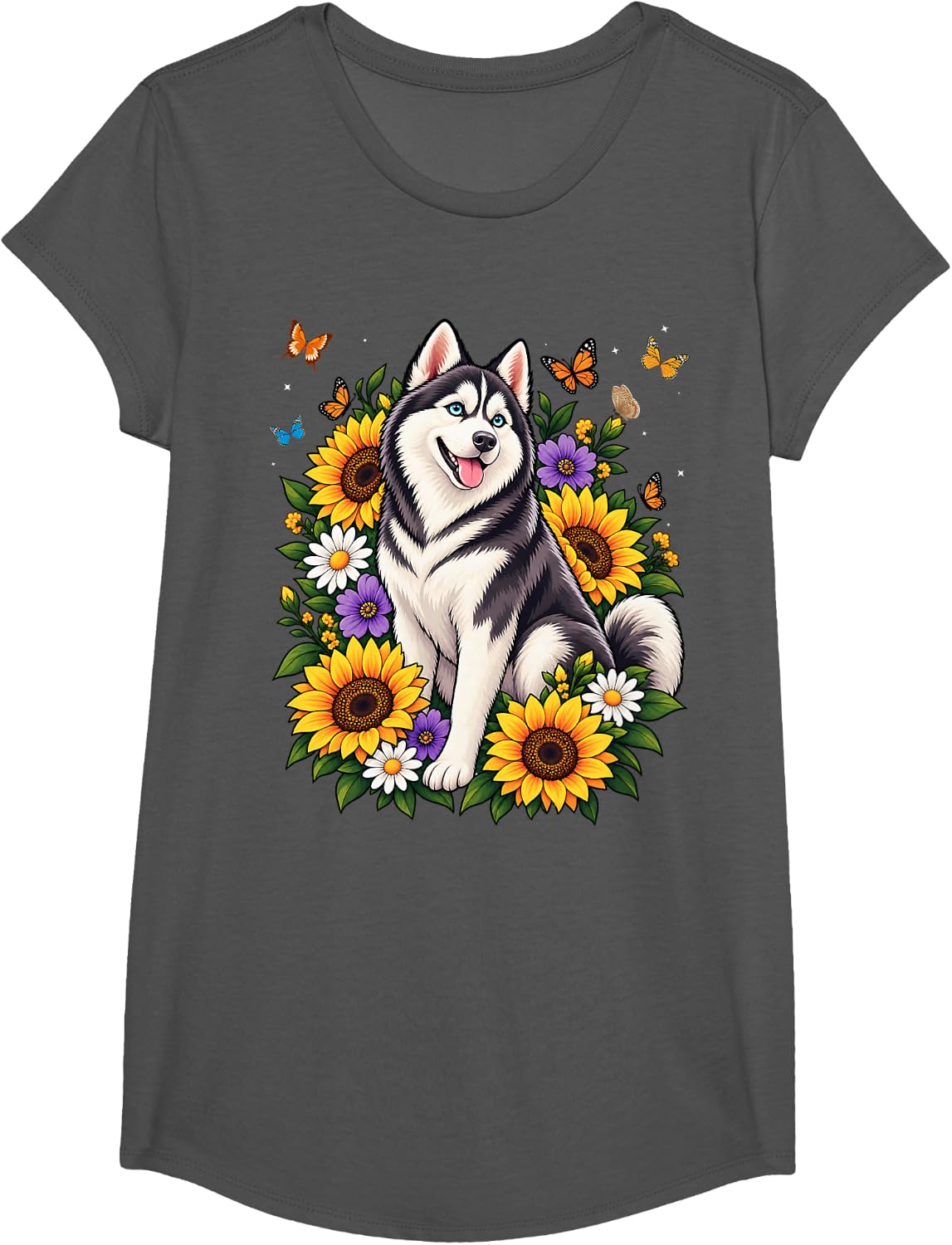 Cute Womens Girls Flowers Floral Siberian Husky Dog Lover T-Shirt - Girls Asphalt Grey