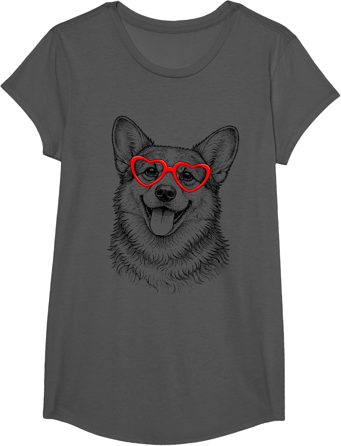 Funny Corgi Face Heart Glasses Dog Valentine's Day T-Shirt - Girls Asphalt Grey