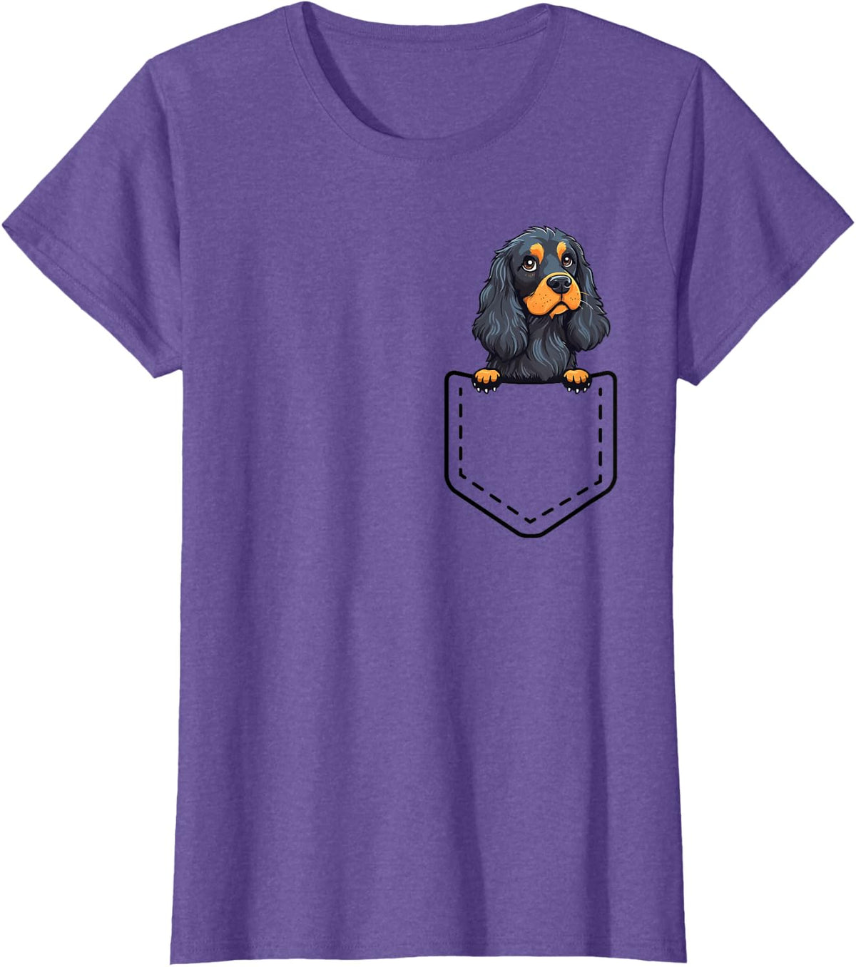 Peeking Black And Tan Cocker Spaniel Inside Pocket Dog Owner T-Shirt - Purple Heather