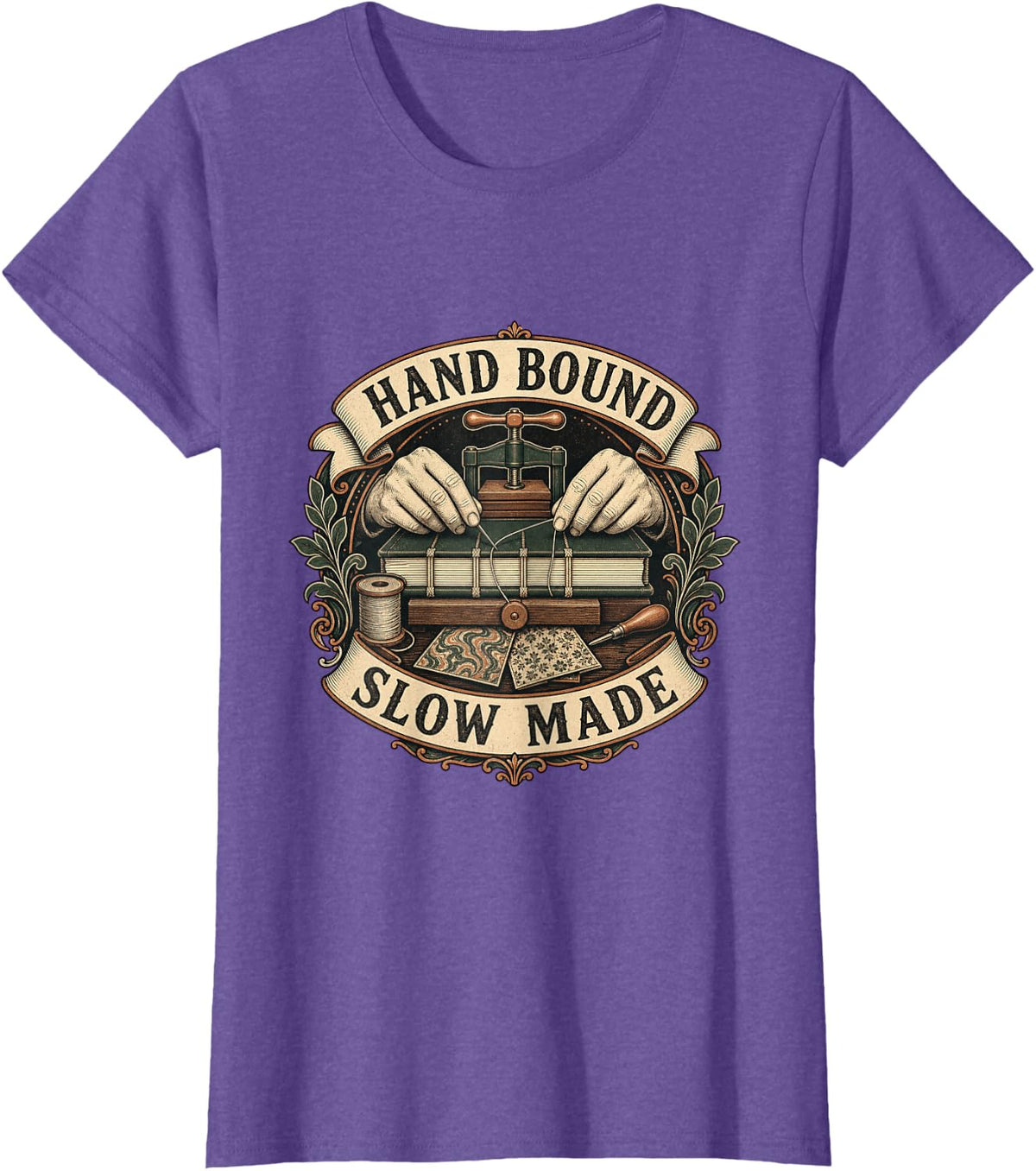 Hand Bound Slow Made Bookbinding Craft T-Shirt - Purple Heather