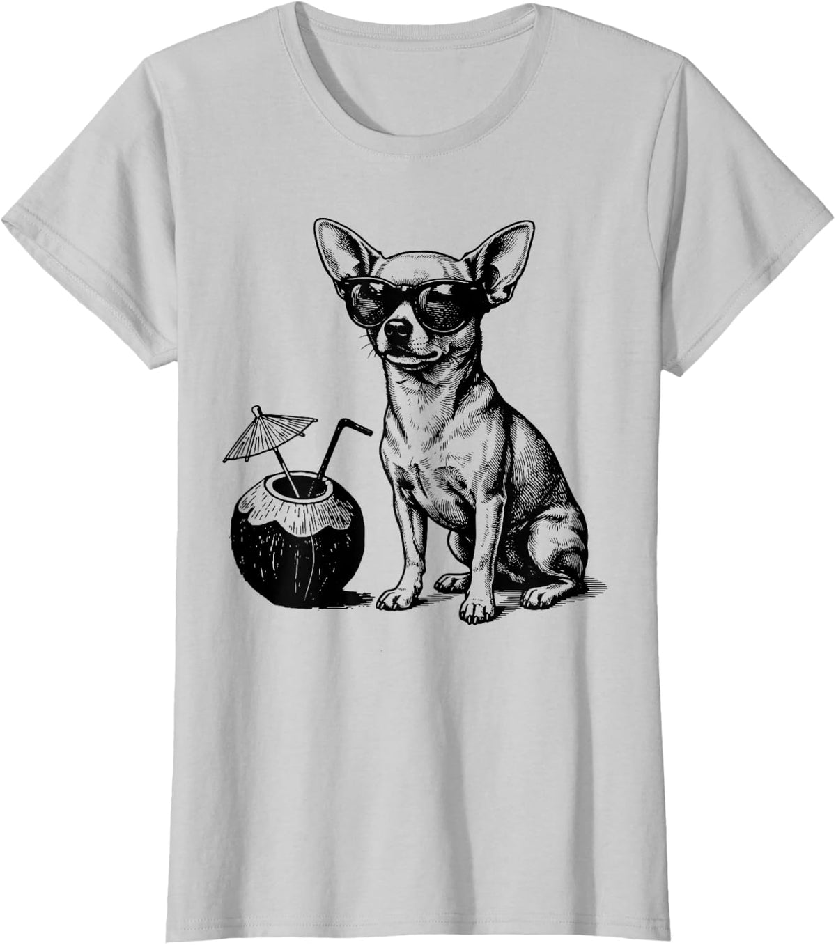 Cool Chihuahua Sunglasses Coconut Drink Summer Vacation T-Shirt - Silver Grey