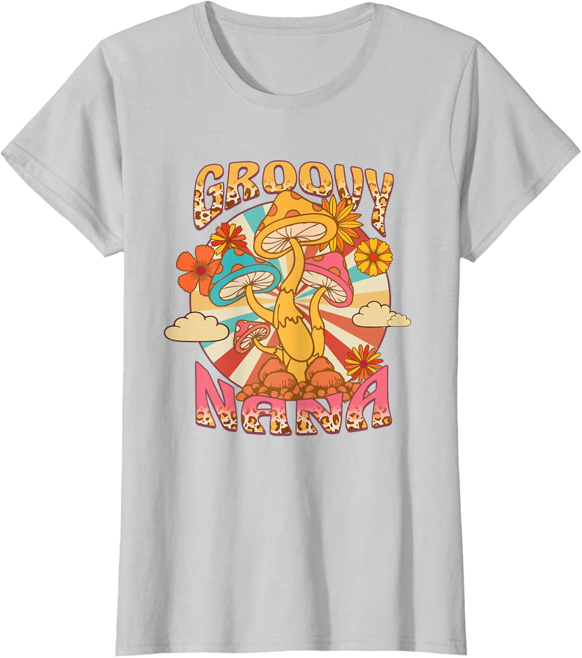 Groovy Nana Leopard Mushroom Grandma Flowers Mother's Day T-Shirt - Silver Grey