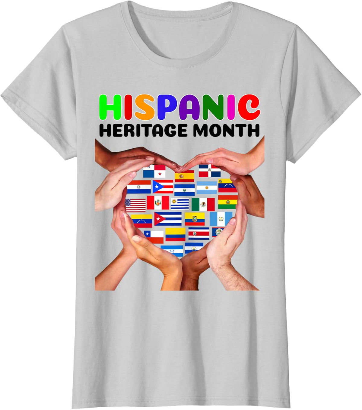 All Countries Heart Hands National Hispanic Heritage Month T-Shirt - Silver Grey