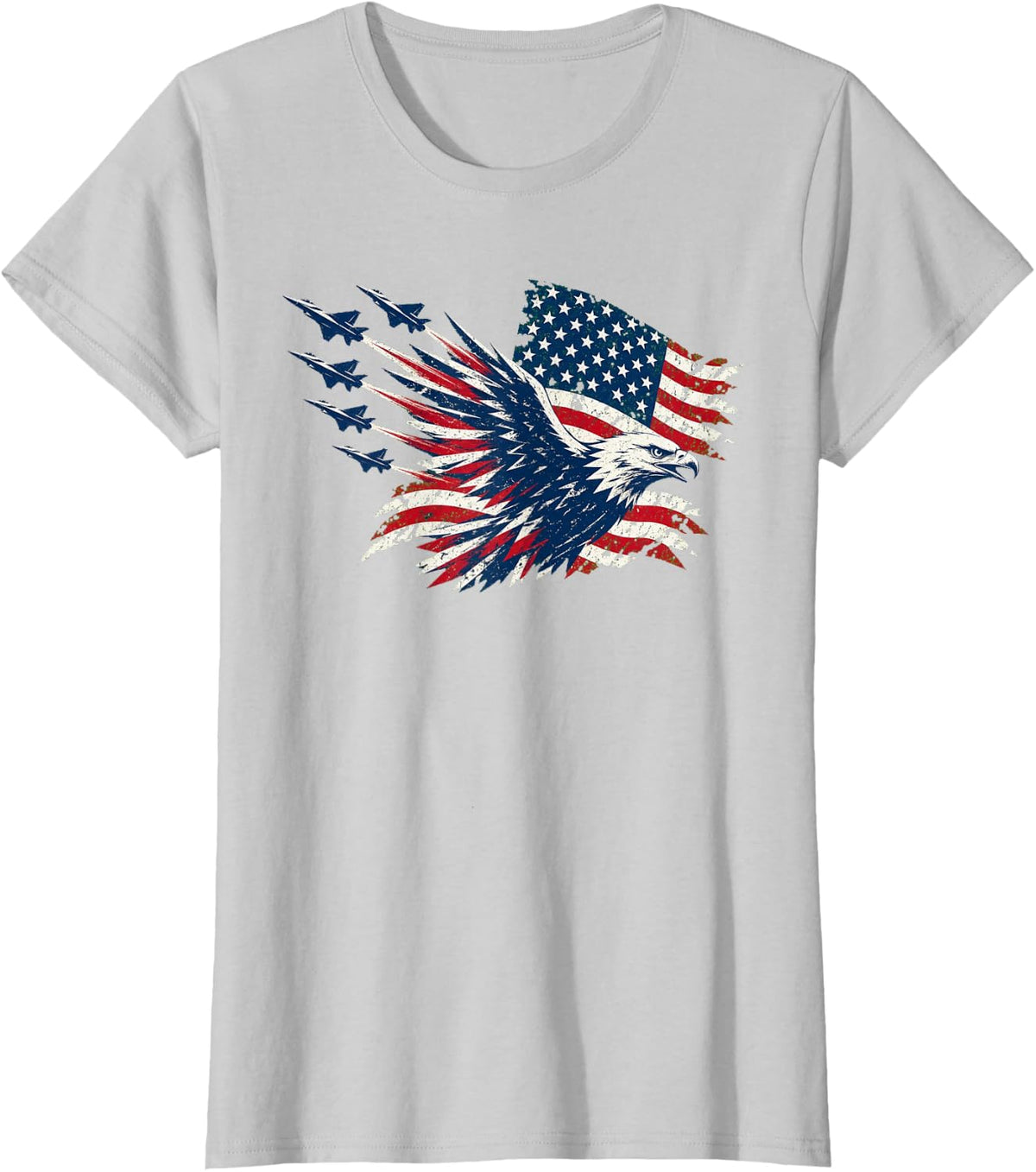 Patriotic Bald Eagle Fighter Jets Aviation USA T-Shirt - Silver Grey