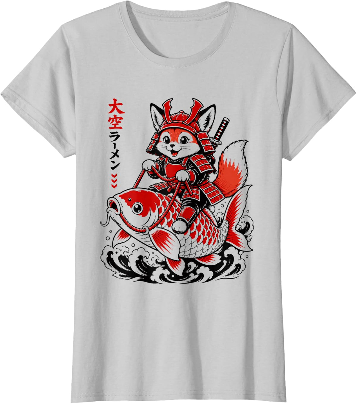Samurai Fox Riding Koi Anime Japanese Warrior Art T-Shirt - Silver Grey