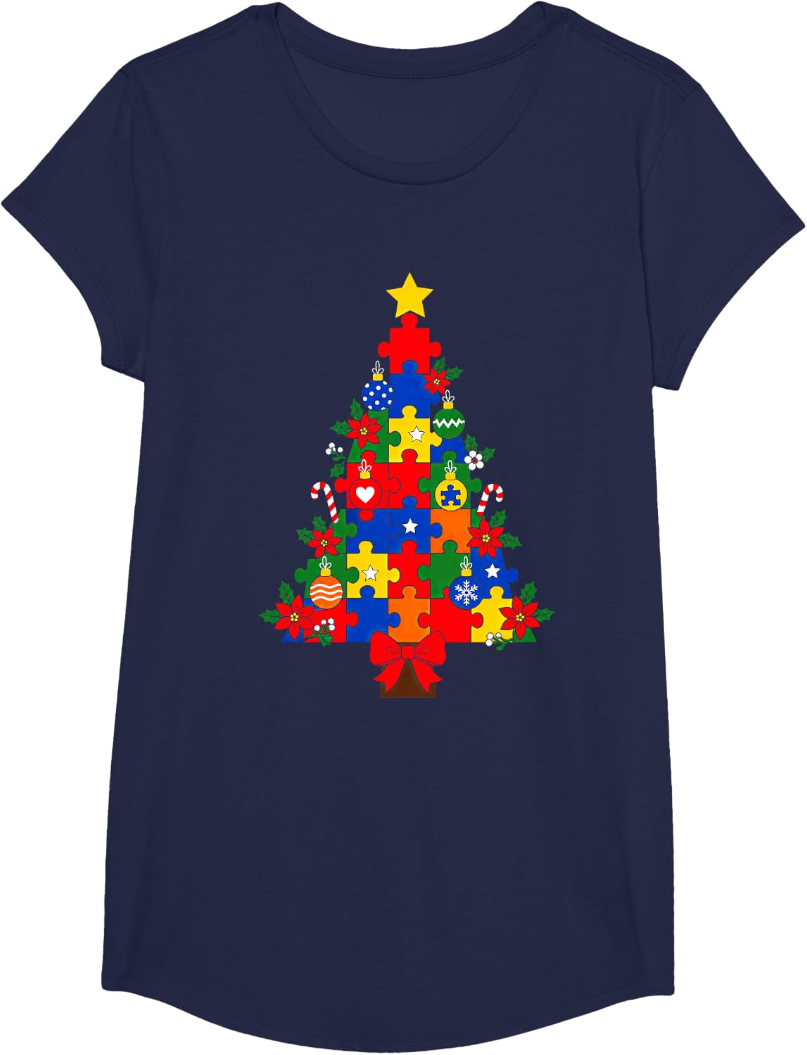 Autism Puzzle Christmas Tree Neurodiverse Xmas T-Shirt - Girls Navy Blue