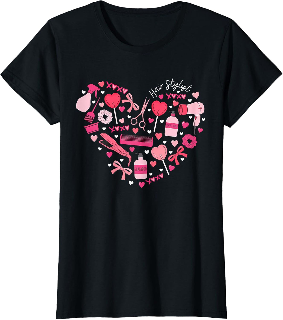 Cute Heart Hair Stylist Valentine Day Cosmetologist Barber T-Shirt - Black