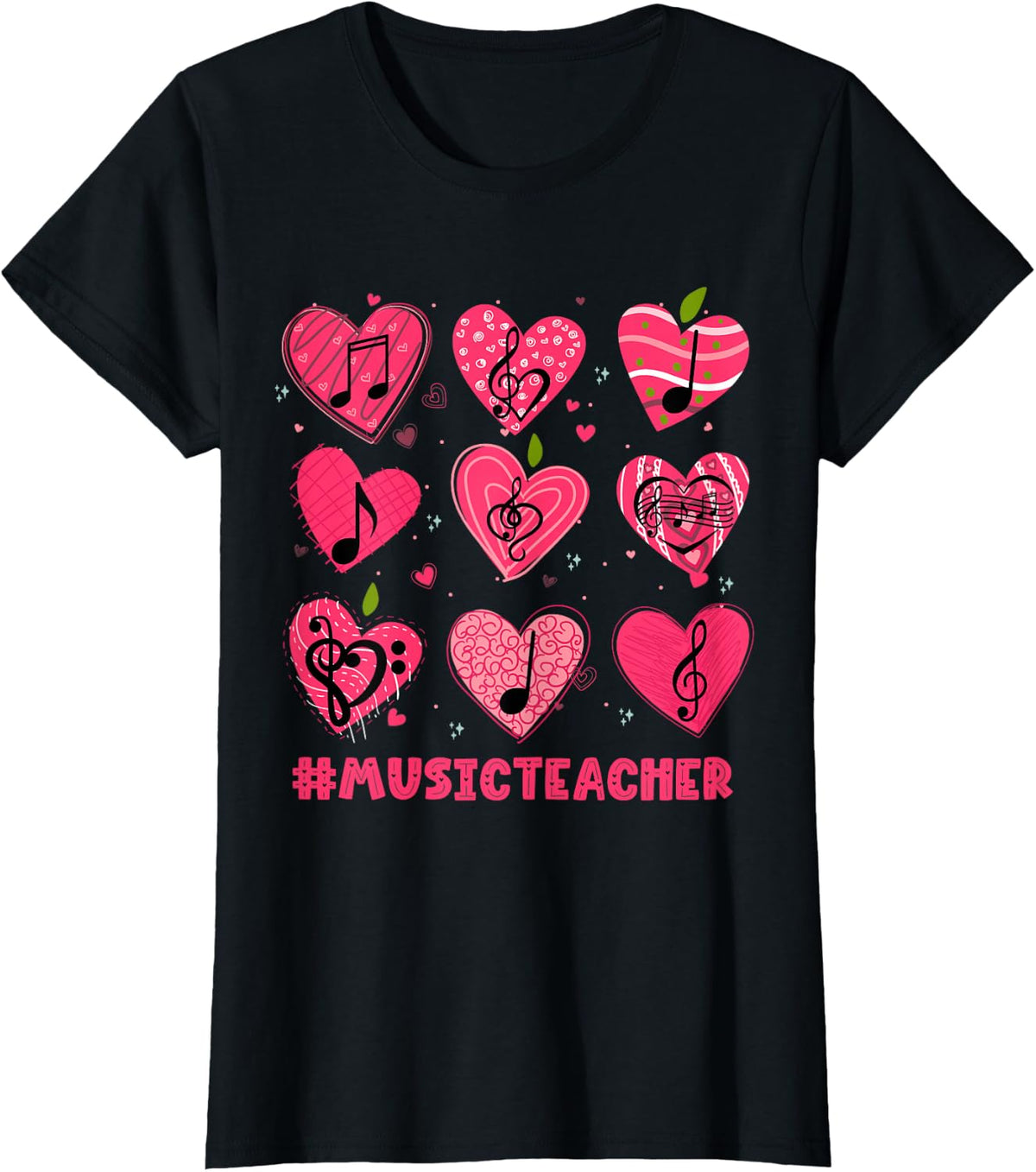 Valentine's Day Music Teacher Musical Notes Hearts Musician T-Shirt - Black