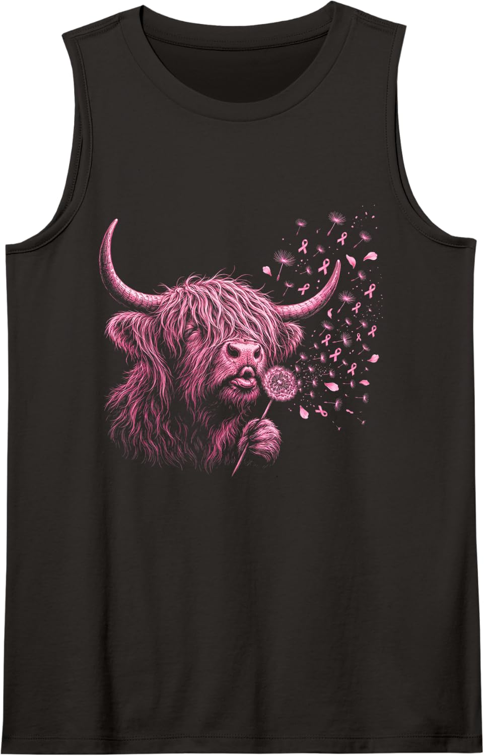 Highland Cow Blowing Dandelion Pink Ribbon Breast Cancer Tank Top - Black