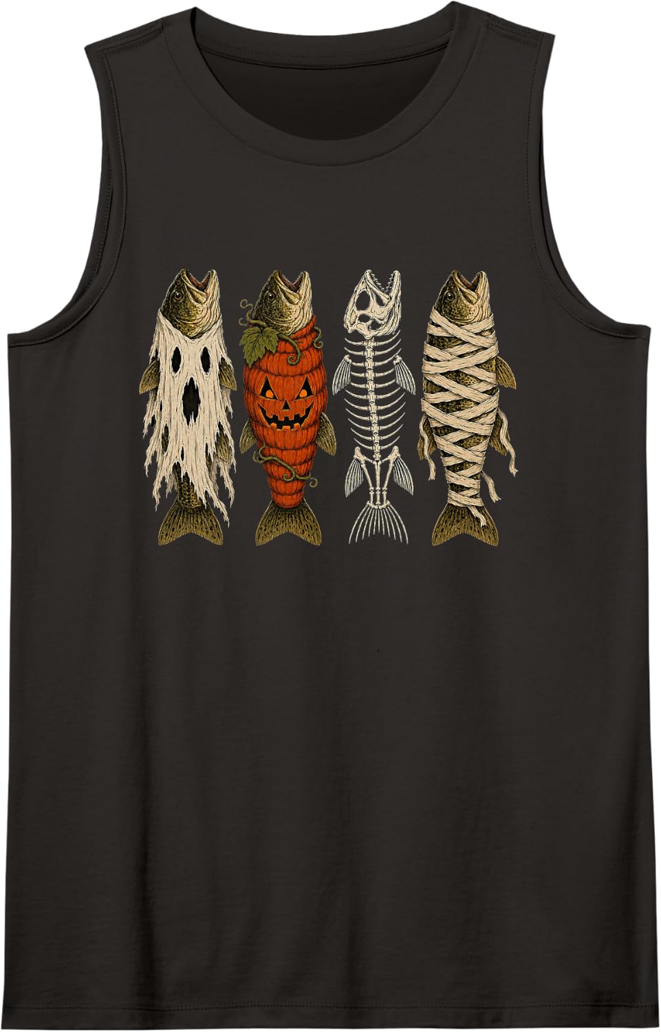 Ghost Pumpkin Skeleton Mummy Bass Funny Halloween Fishing Sleeveless Tank Top - Black