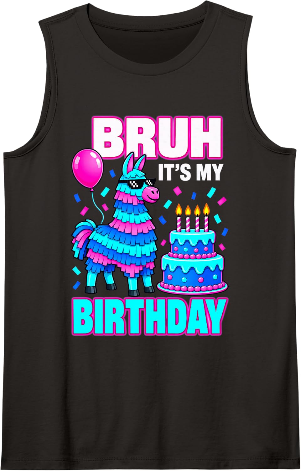 Bruh It’s My Birthday Funny Llama Pinata Bday boy Kids Party Sleeveless Tank Top - Black