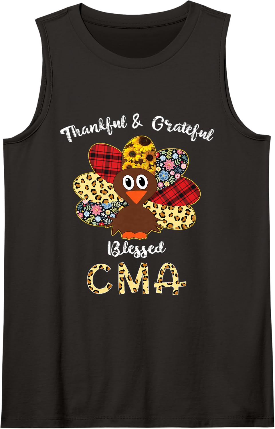 Thankful Grateful Blessed CMA Leopard Turkey Thanksgiving Sleeveless Tank Top - Black