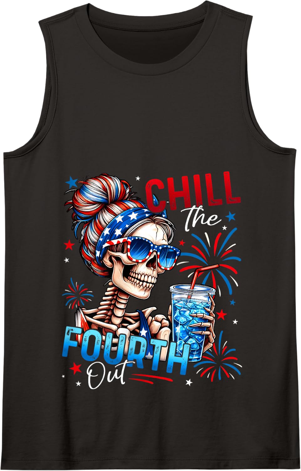 Chill The Fourth Out Funny Skeleton Retro 4th Of July Women Tank Top - Black
