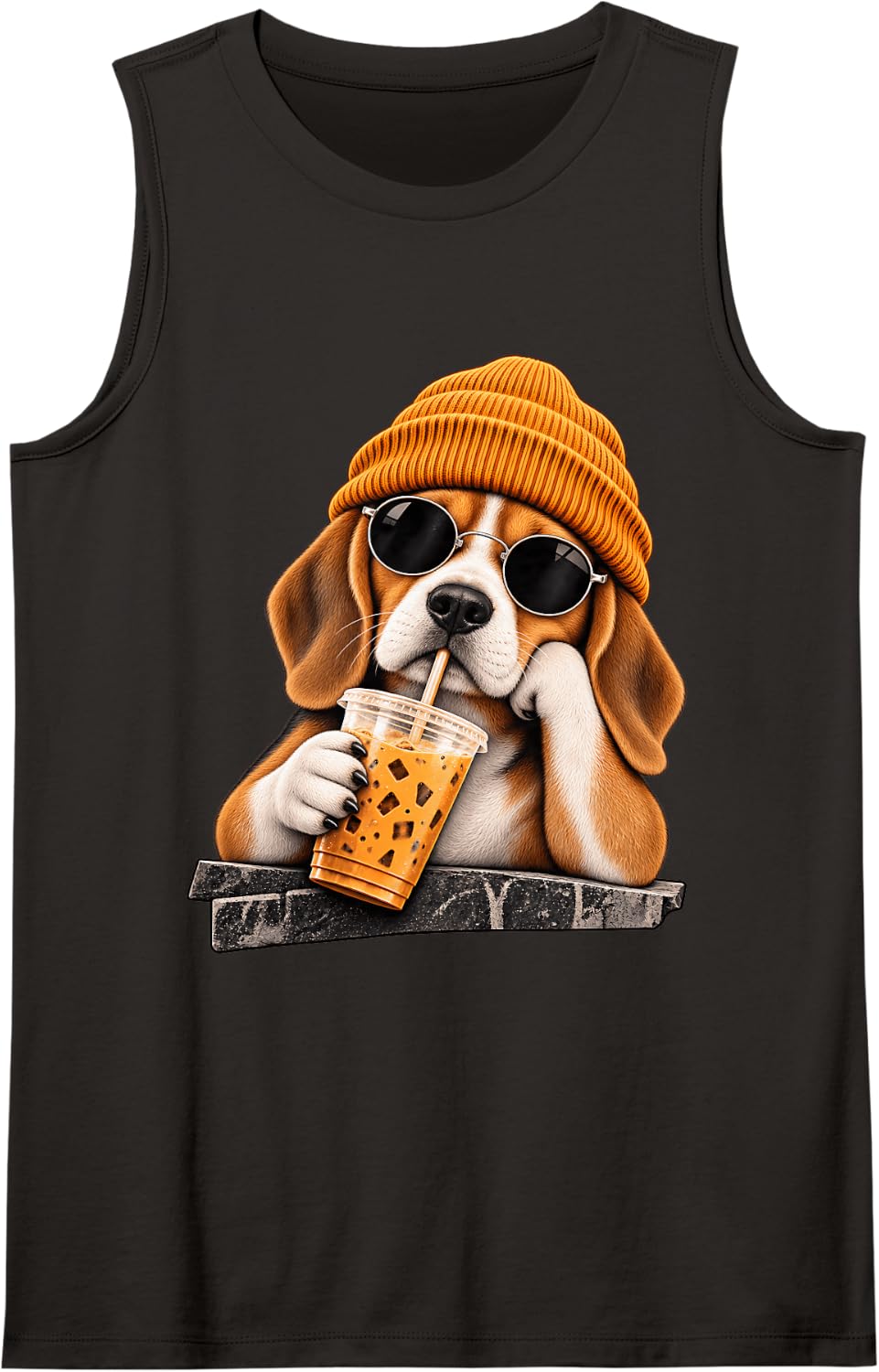 Funny Beagle Hipster Drinking Iced Coffee Sunglasses Animal Sleeveless Tank Top - Black