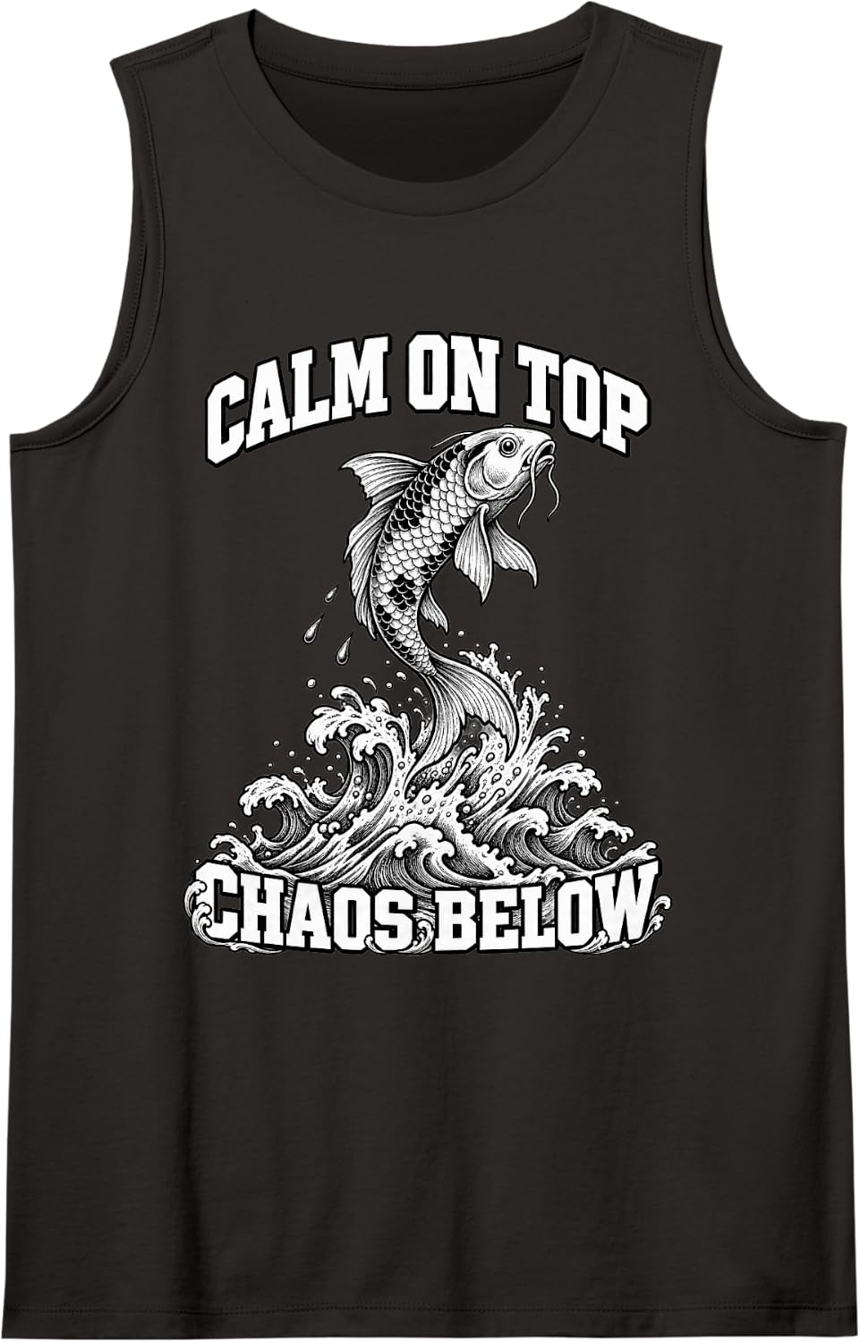 Koi Calm On Top Chaos Below Fans Wave Fish Japanese Sleeveless Tank Top - Black