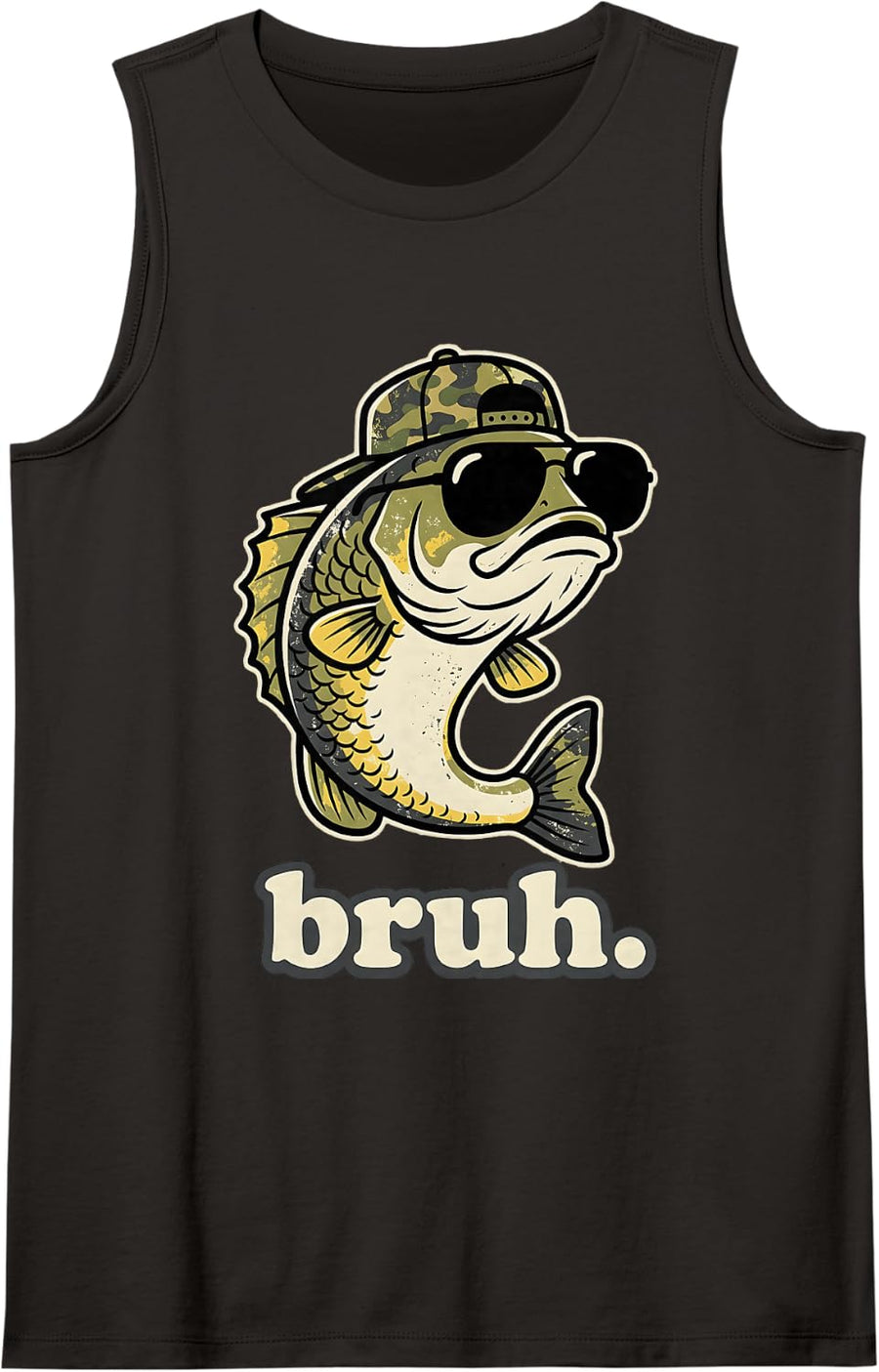 Bruh Fishing Camo Funny Bass Angler Graphic Sleeveless Tank Top - Black