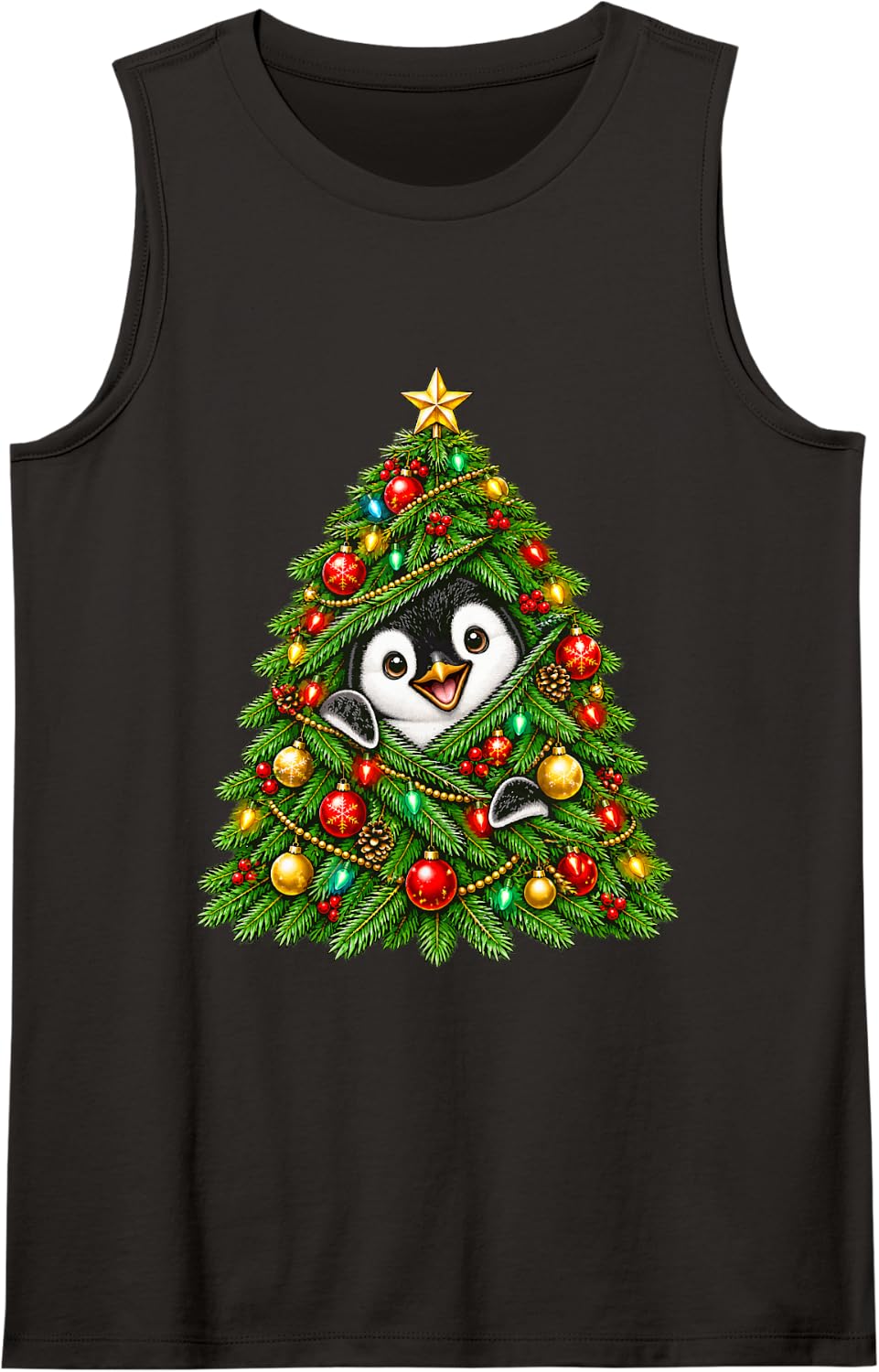 Cute Penguin Peeking with Christmas Tree Festive Lights Xmas Sleeveless Tank Top - Black