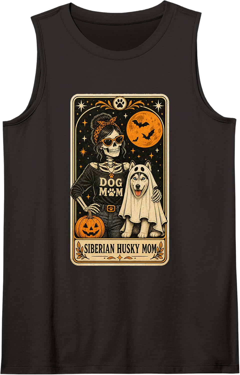 Siberian Husky Mom Halloween Skeleton Dog Mom Tarot Card Sleeveless Tank Top - Black