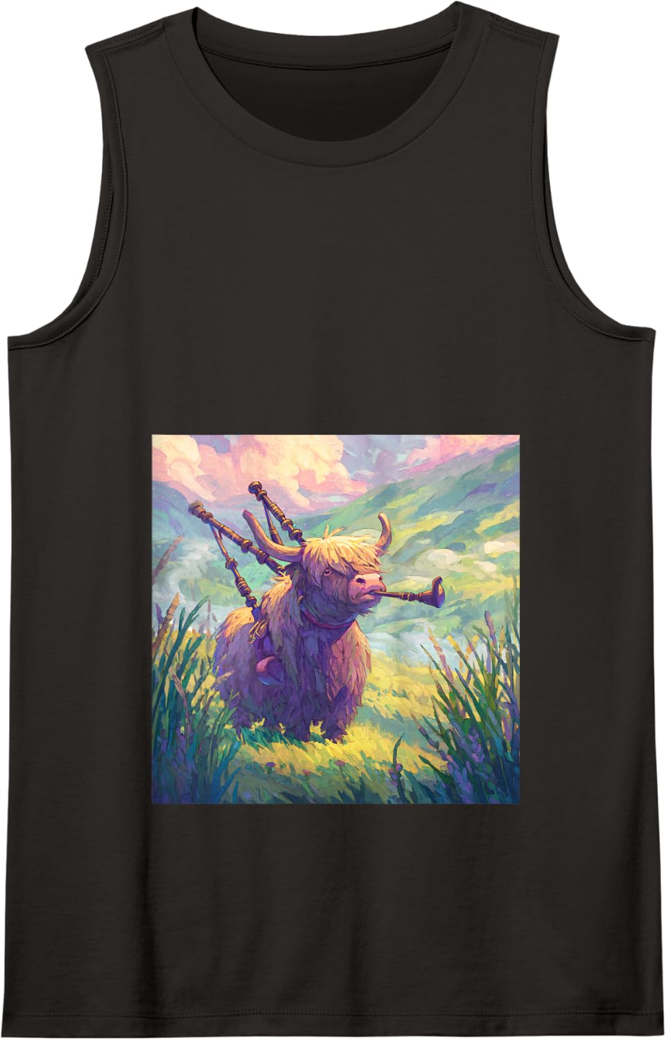 Highland Cow Playing Bagpipes Scottish Highlands Art Tank Top - Black