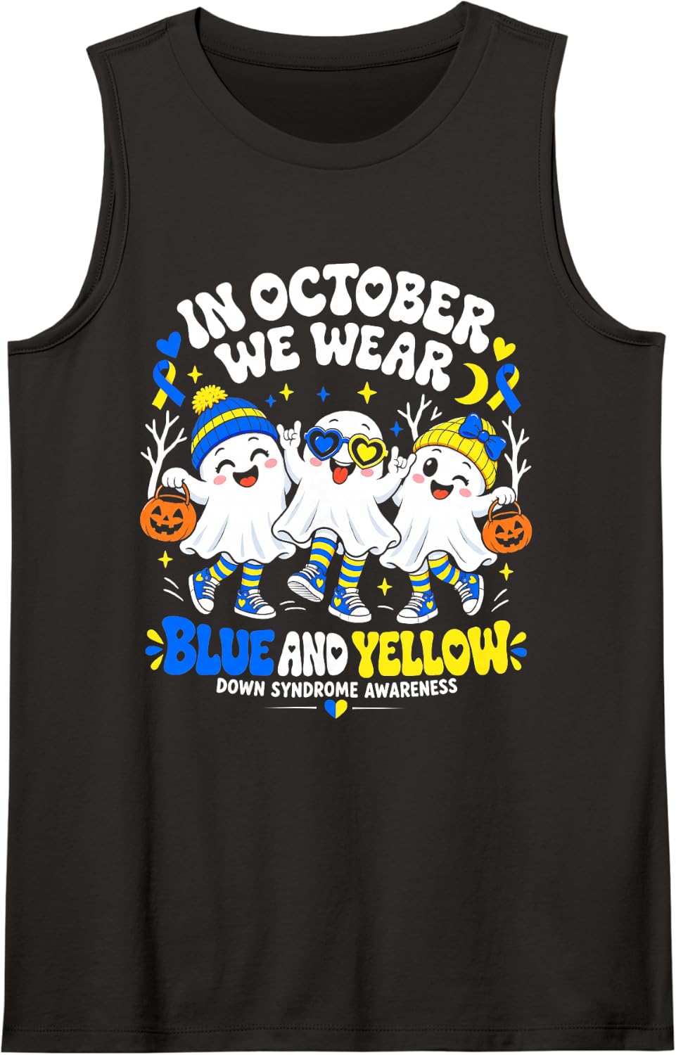 in October We Wear Yellow and Blue Down Syndrome Halloween Sleeveless Tank Top - Black