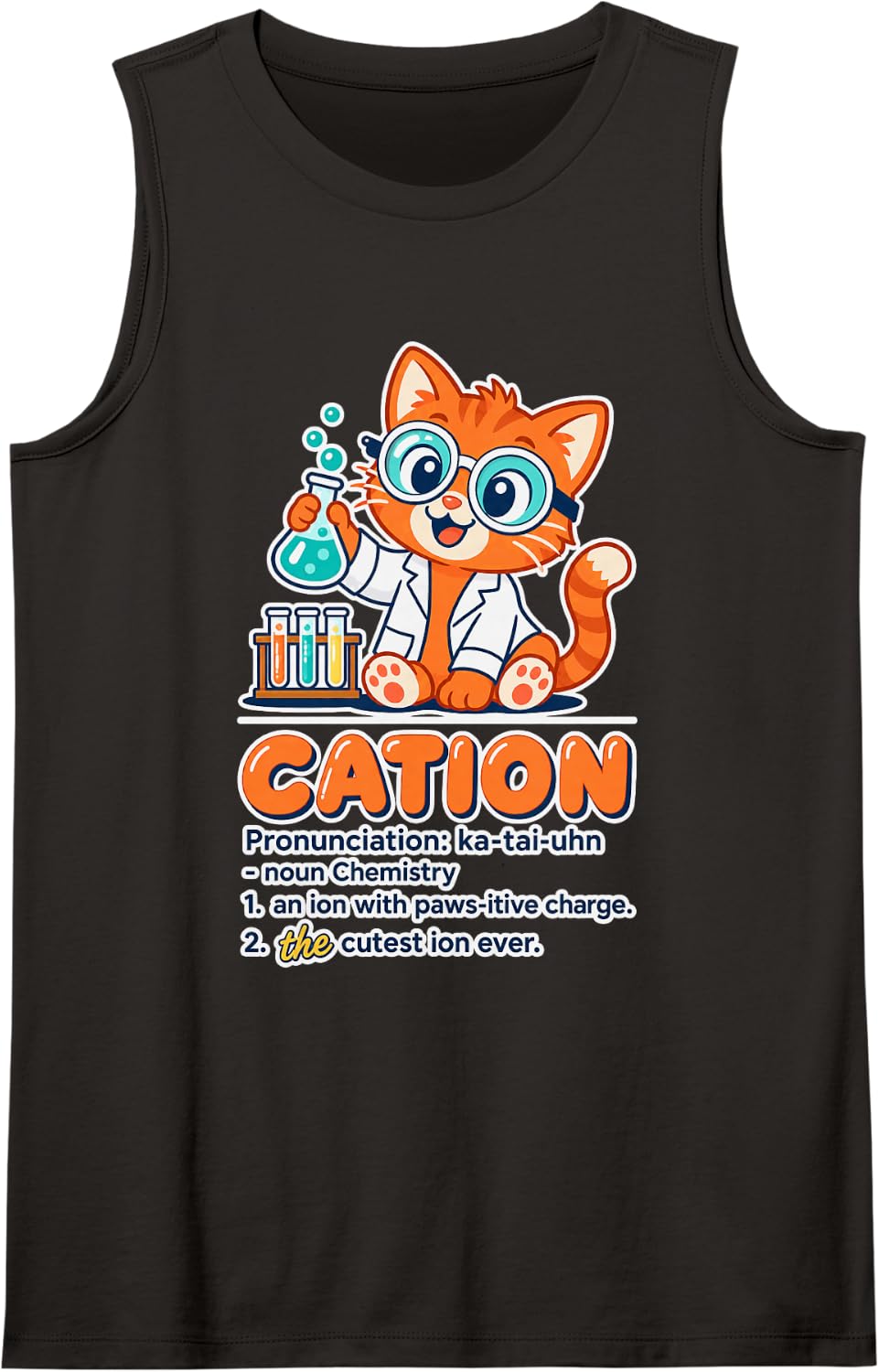 Cation Cat Funny Chemistry Teacher Student Science Pun Sleeveless Tank Top - Black