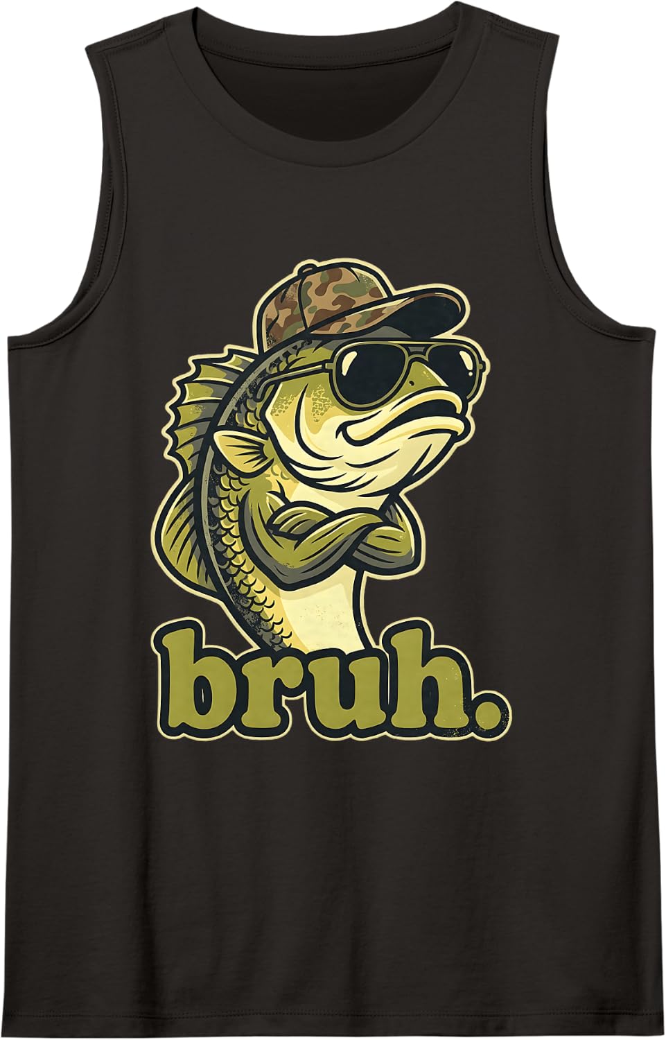 Bruh Fishing Camo Funny Bass Fisherman Humor Sleeveless Tank Top - Black