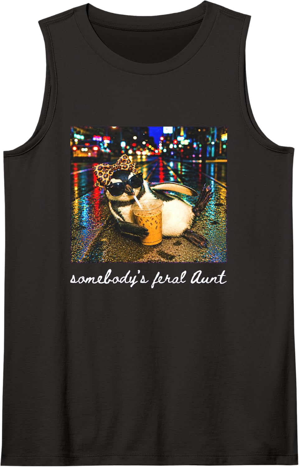 Funny Penguin Somebody's Feral Aunt Iced Coffee Tank Top - Black