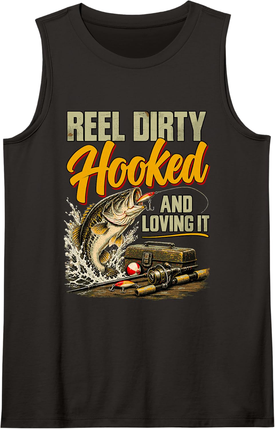 Funny Vintage Fishing Reel Dirty Hooked Bass Fisherman Sleeveless Tank Top - Black