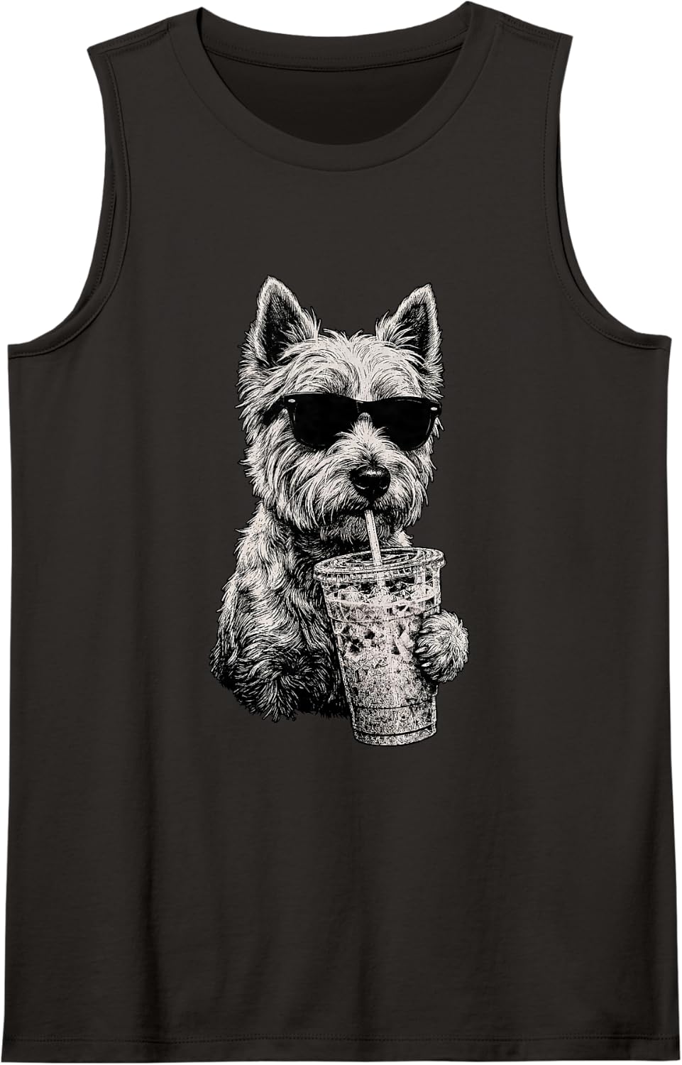West Highland White Terrier Drinking Iced Coffee Humor Sleeveless Tank Top - Black