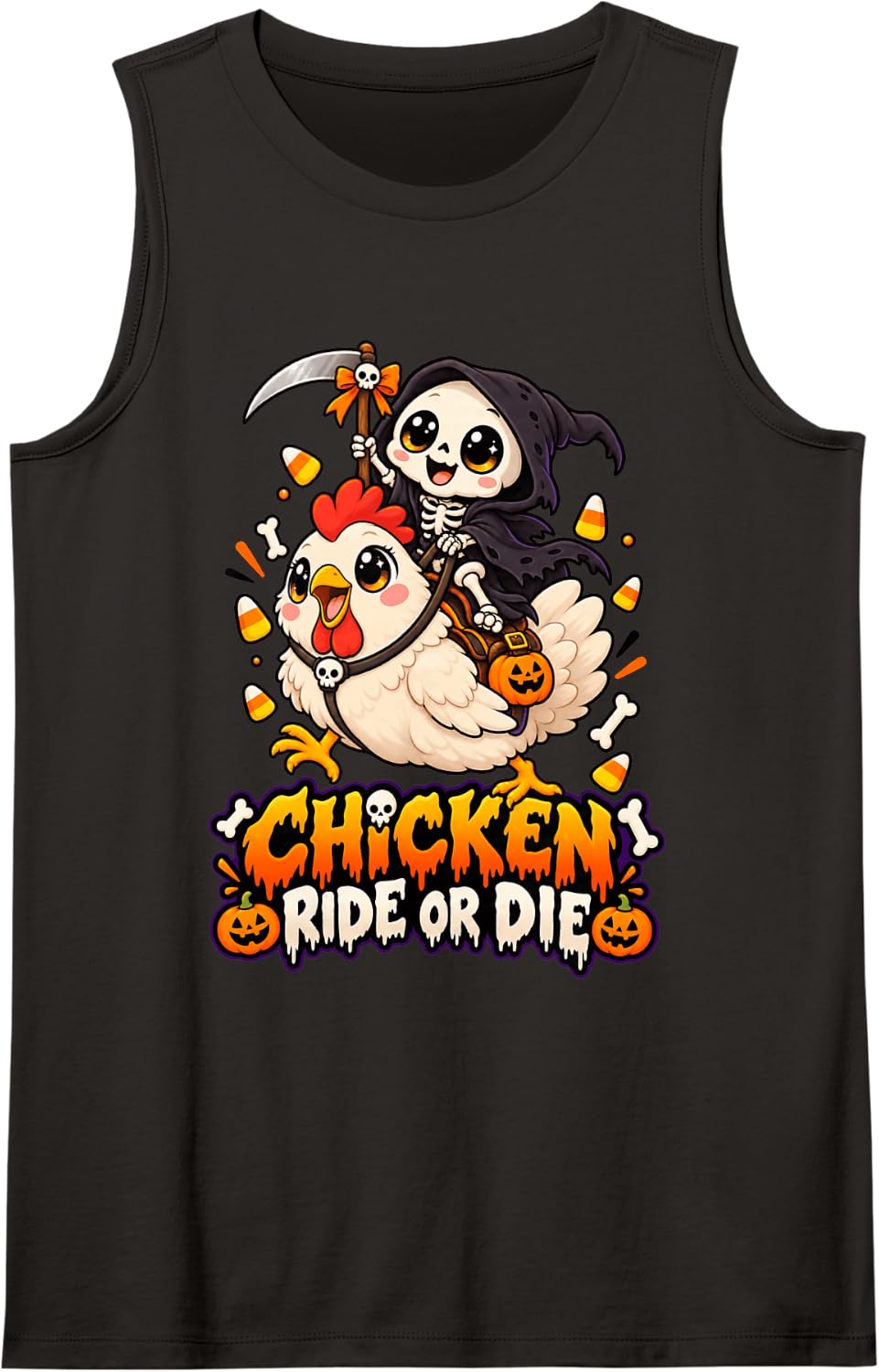 Chicken Ride Or Die Funny Halloween Skeleton Riding Chicken Sleeveless Tank Top - Black