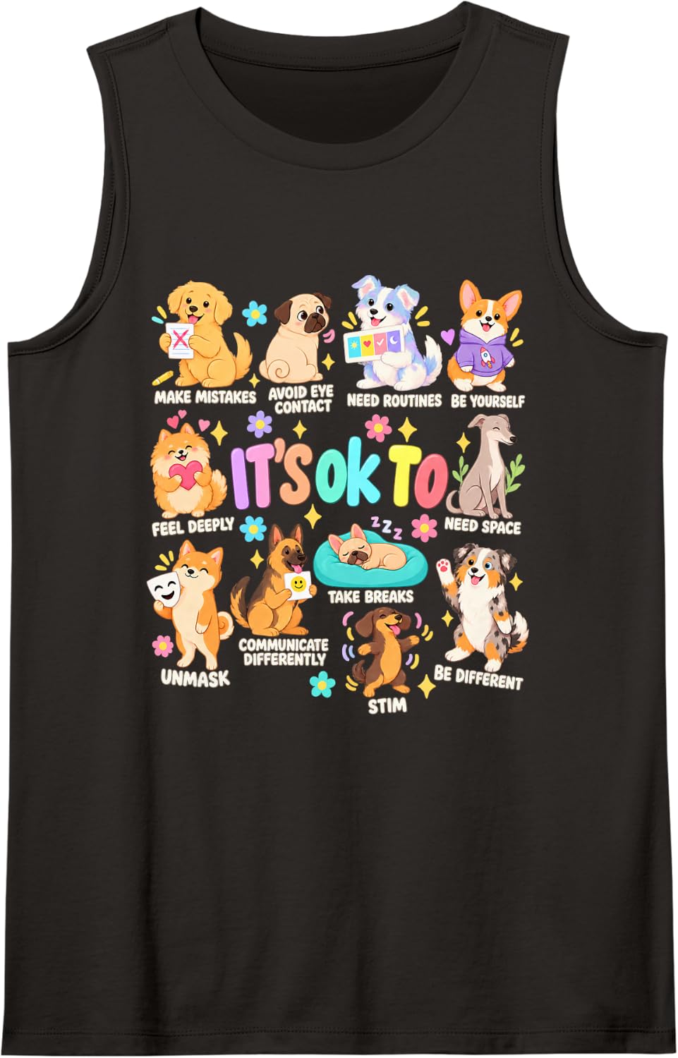 Comic Dogs Neurodivergent Affirmations It's OK to Sleeveless Tank Top - Black