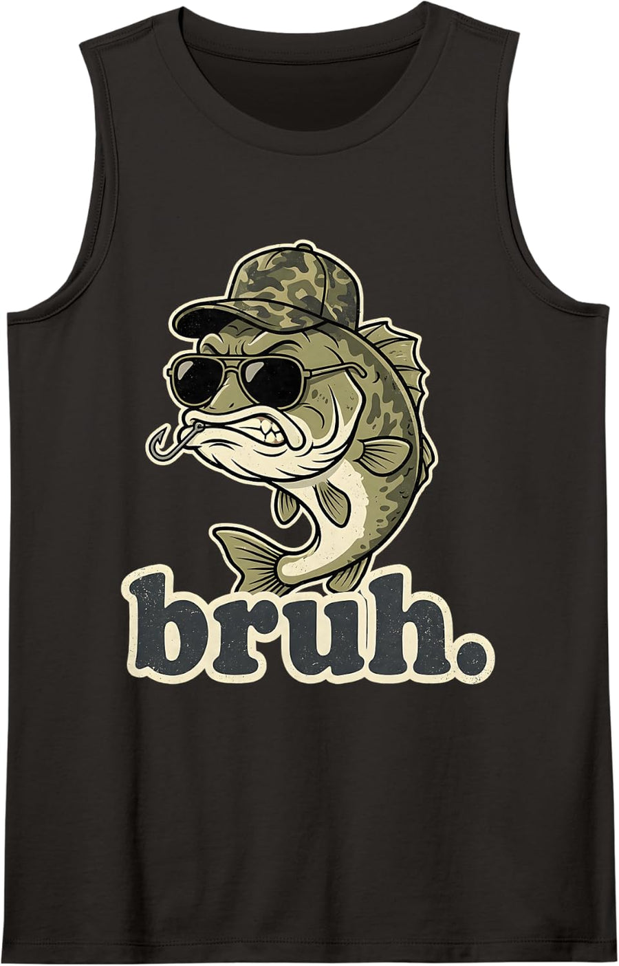 Bruh Fishing Camo Funny Bass Fisherman Graphic Sleeveless Tank Top - Black