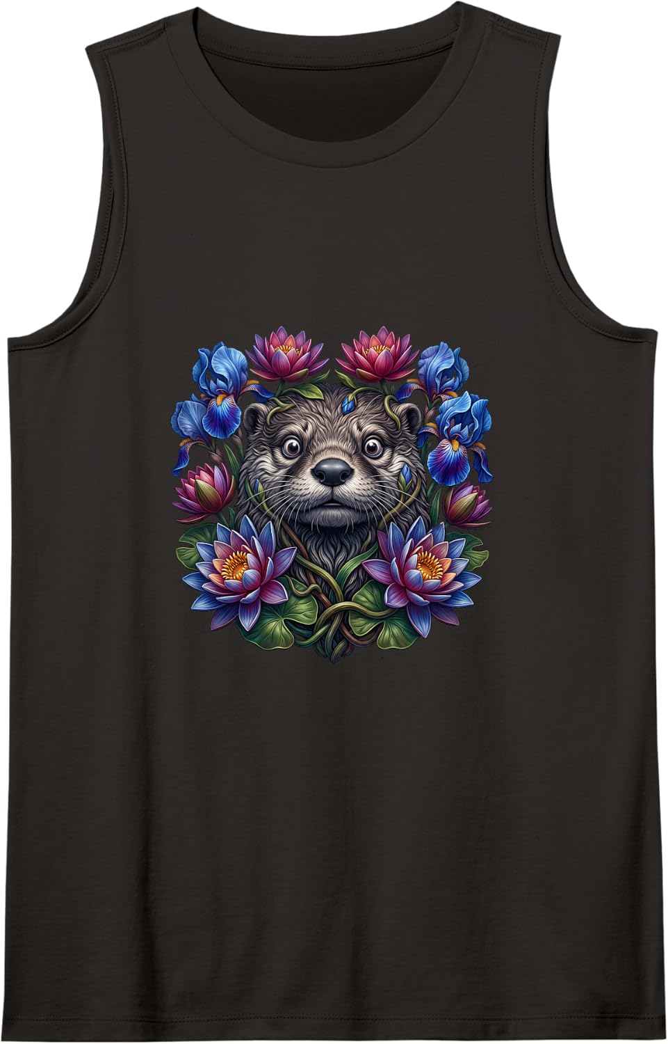 River Otter with Blue Irises and Pink Lotus Flowers Sleeveless Tank Top - Black