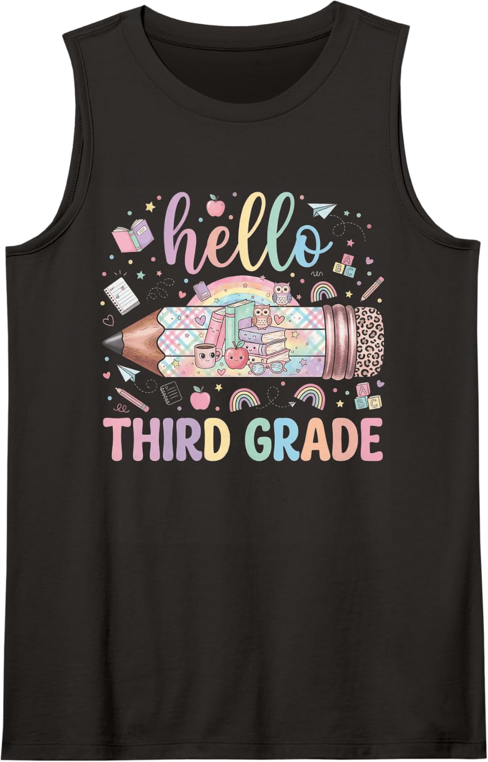 Hello Third Grade Leopard Back to School for Kids Teachers Tank Top - Black