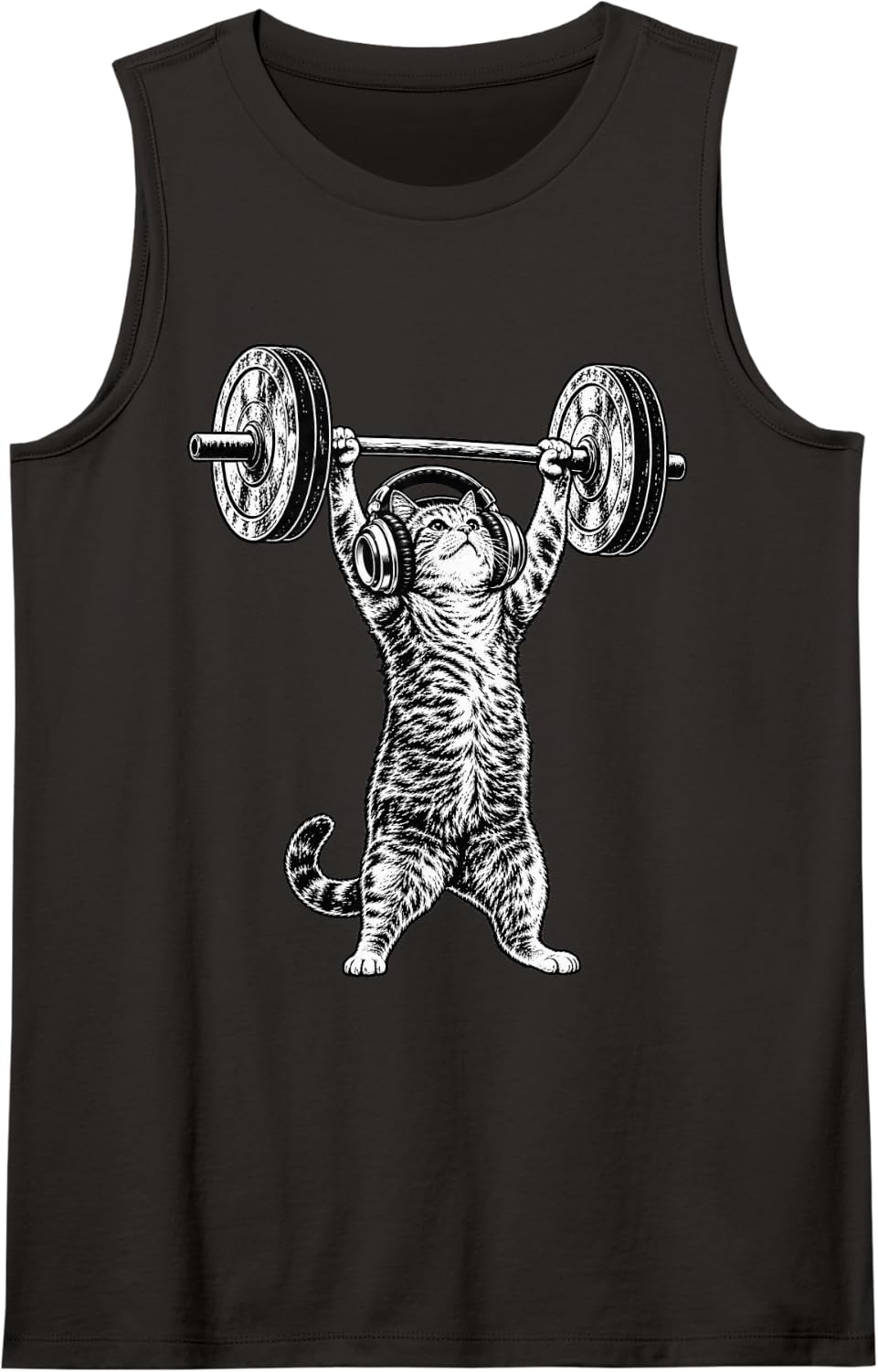 Vintage Weightlifting Cat with Headphones Gym Fitness Sleeveless Tank Top - Black