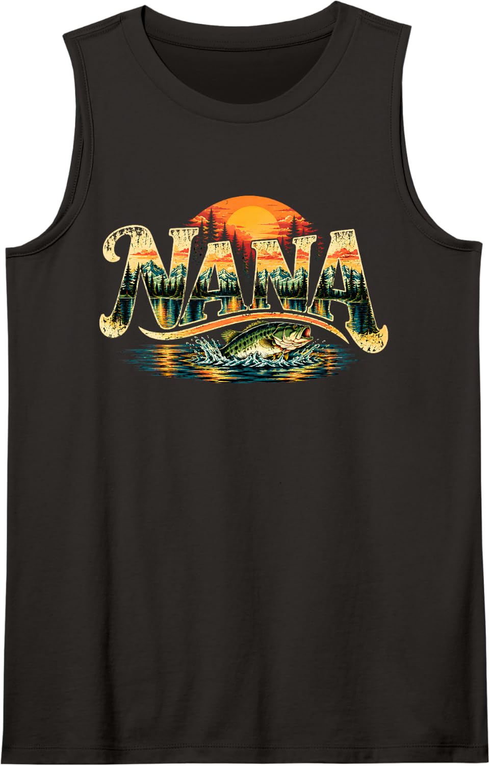 Nana Fishing Vintage Bass Mountain Lake Sunset Sleeveless Tank Top - Black