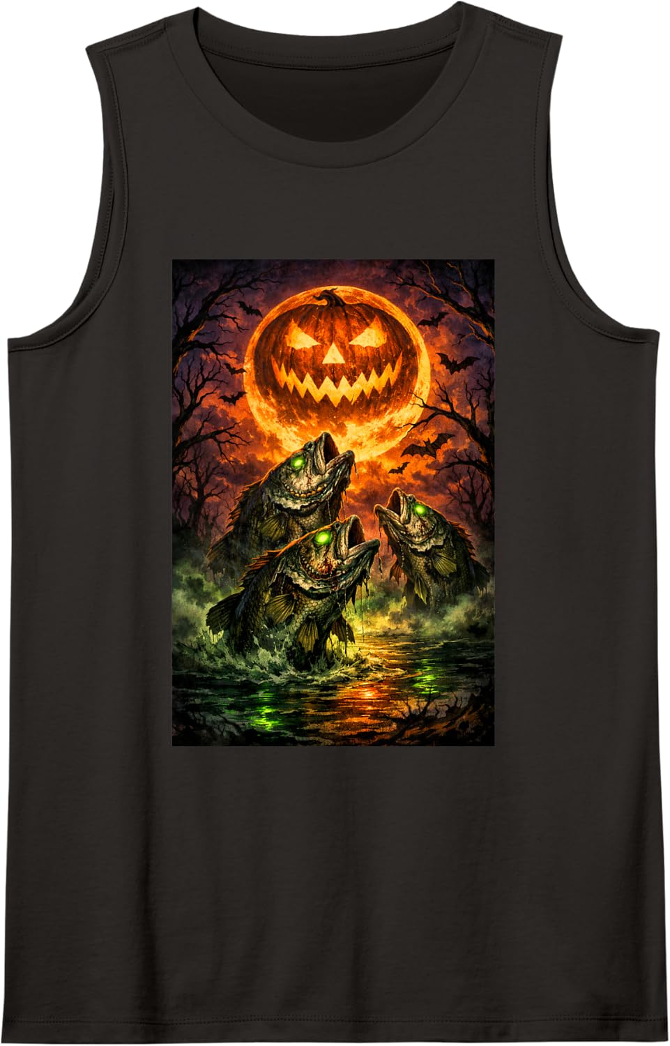 Halloween Bass Fish Howling at a Jack o Lantern Spooky Tank Top - Black