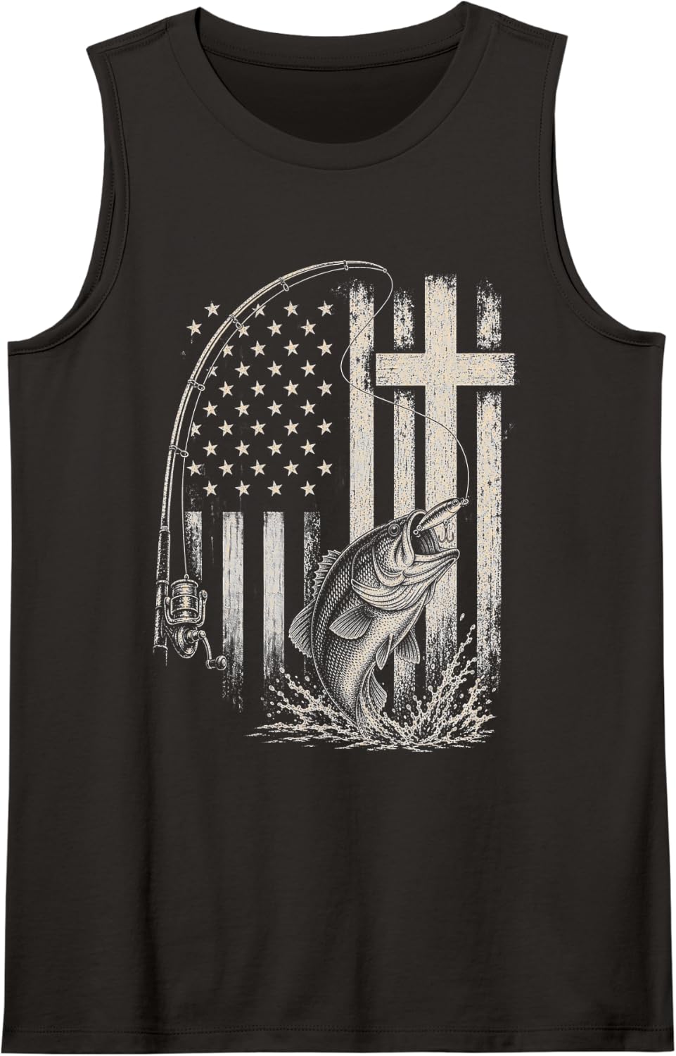 Bass Fishing American Flag Christian Cross Patriotic Sleeveless Tank Top - Black