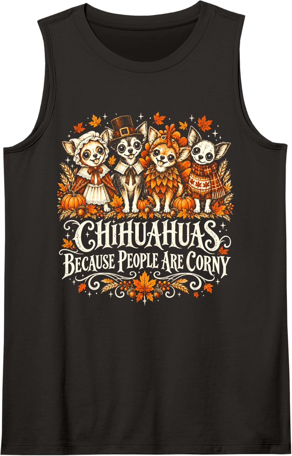 Chihuahuas Because People are Corny Funny Thanksgiving Dogs Sleeveless Tank Top - Black