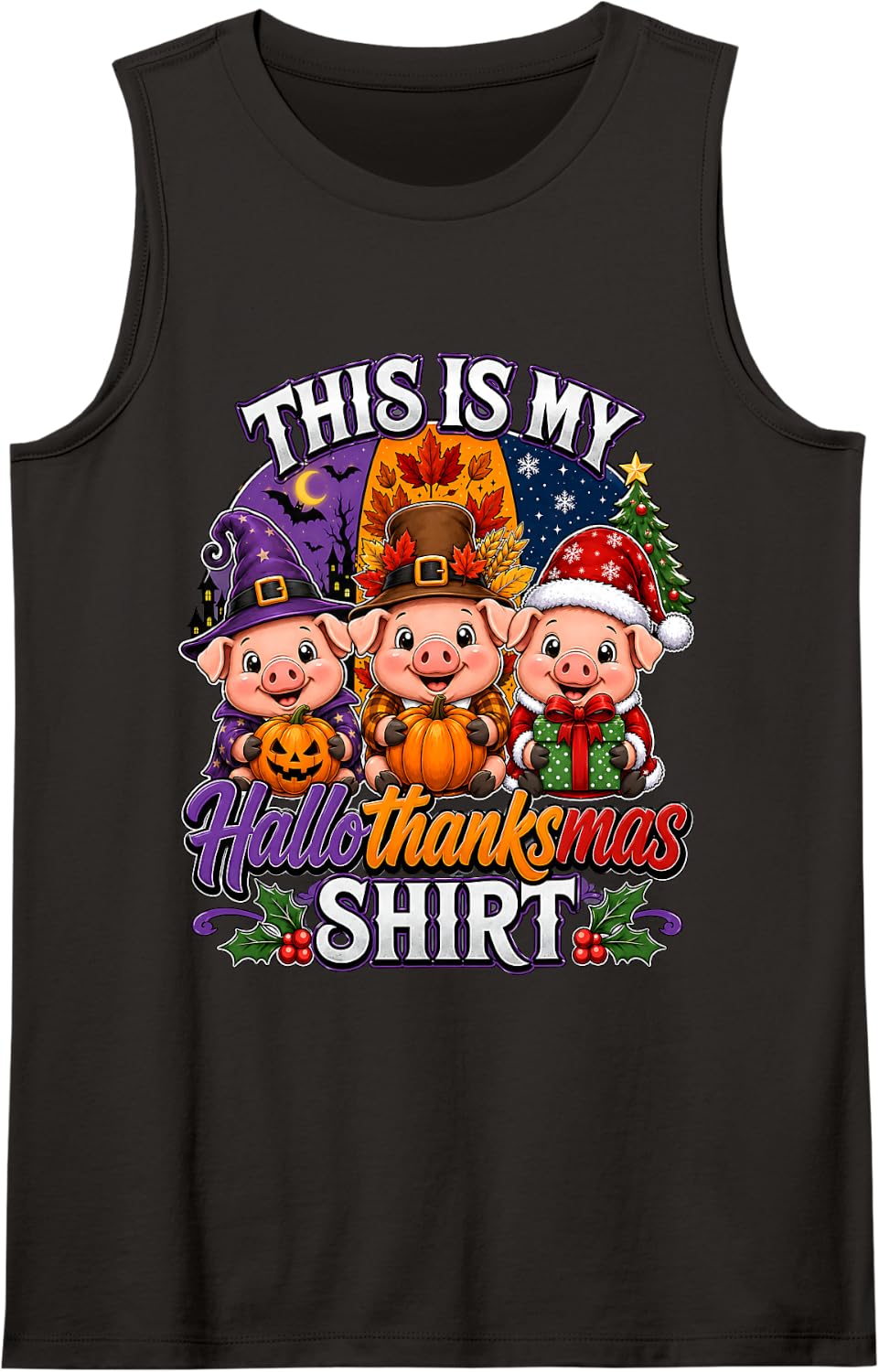 This is My Hallothanksmas Pig Halloween Thanksgiving Xmas Sleeveless Tank Top - Black