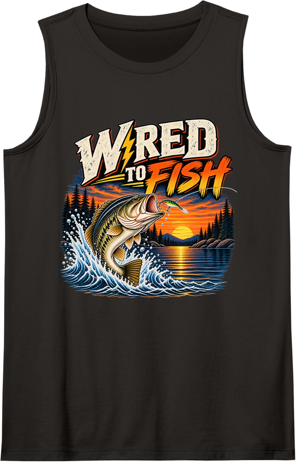 Wired to Fish Funny Electrician Bass Fishing Fisherman Sleeveless Tank Top - Black