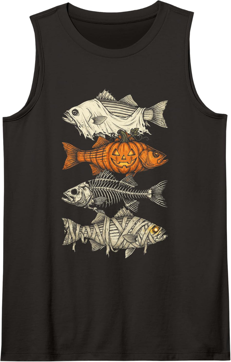 White Bass Fishing Halloween Ghost Pumpkin Skeleton Mummy Sleeveless Tank Top - Black