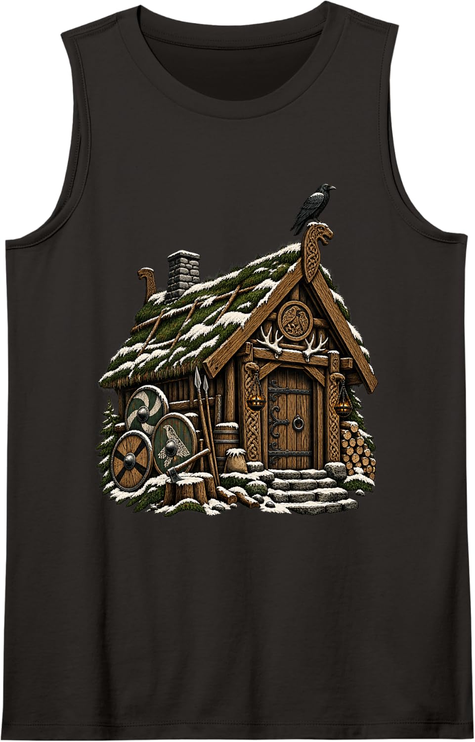 Snowy Viking Longhouse Raven Shield Nordic Art Sleeveless Tank Top - Black