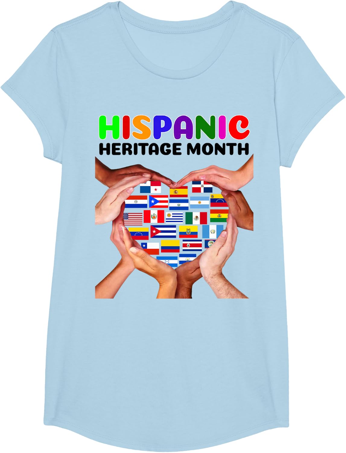All Countries Heart Hands National Hispanic Heritage Month T-Shirt - Girls Baby Blue