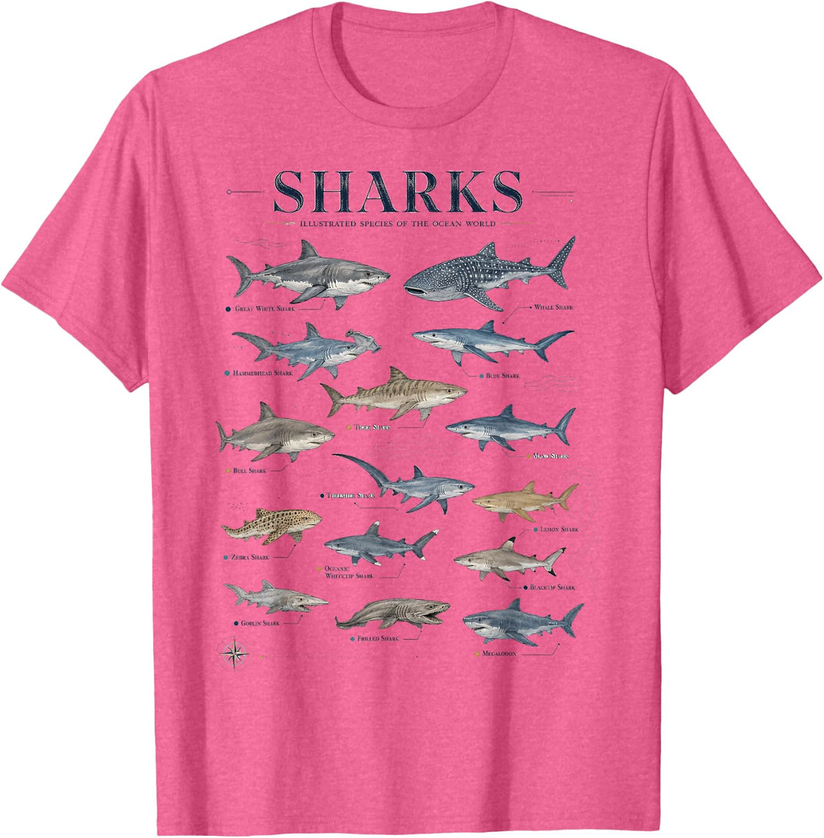 Types of Sharks Shark Species Ocean Wildlife Marine Biology T-Shirt - Pink Heather