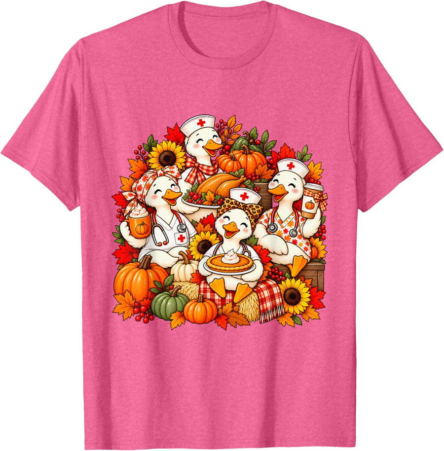 Funny Thanksgiving Nurse Ducks Fall RN Healthcare Crew Humor T-Shirt - Pink Heather