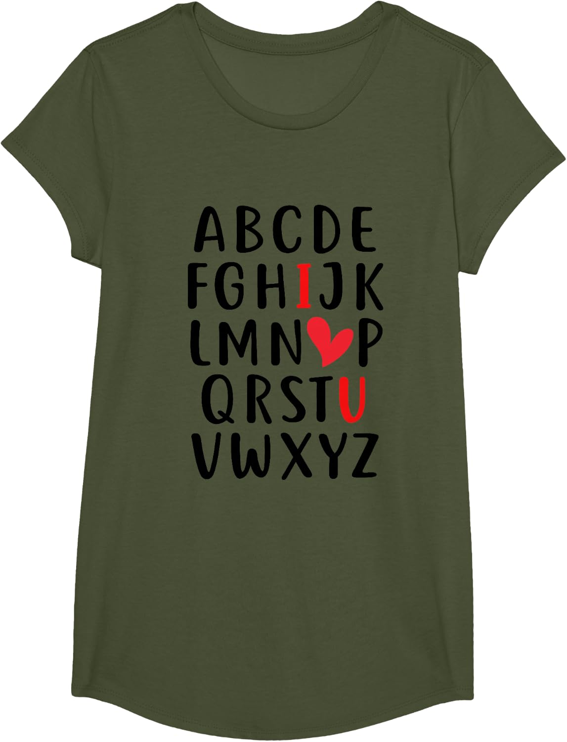 Cute Teacher T-Shirts ABC Alphabet I Love U Valentine Tees T Shirts - Girls Olive Green