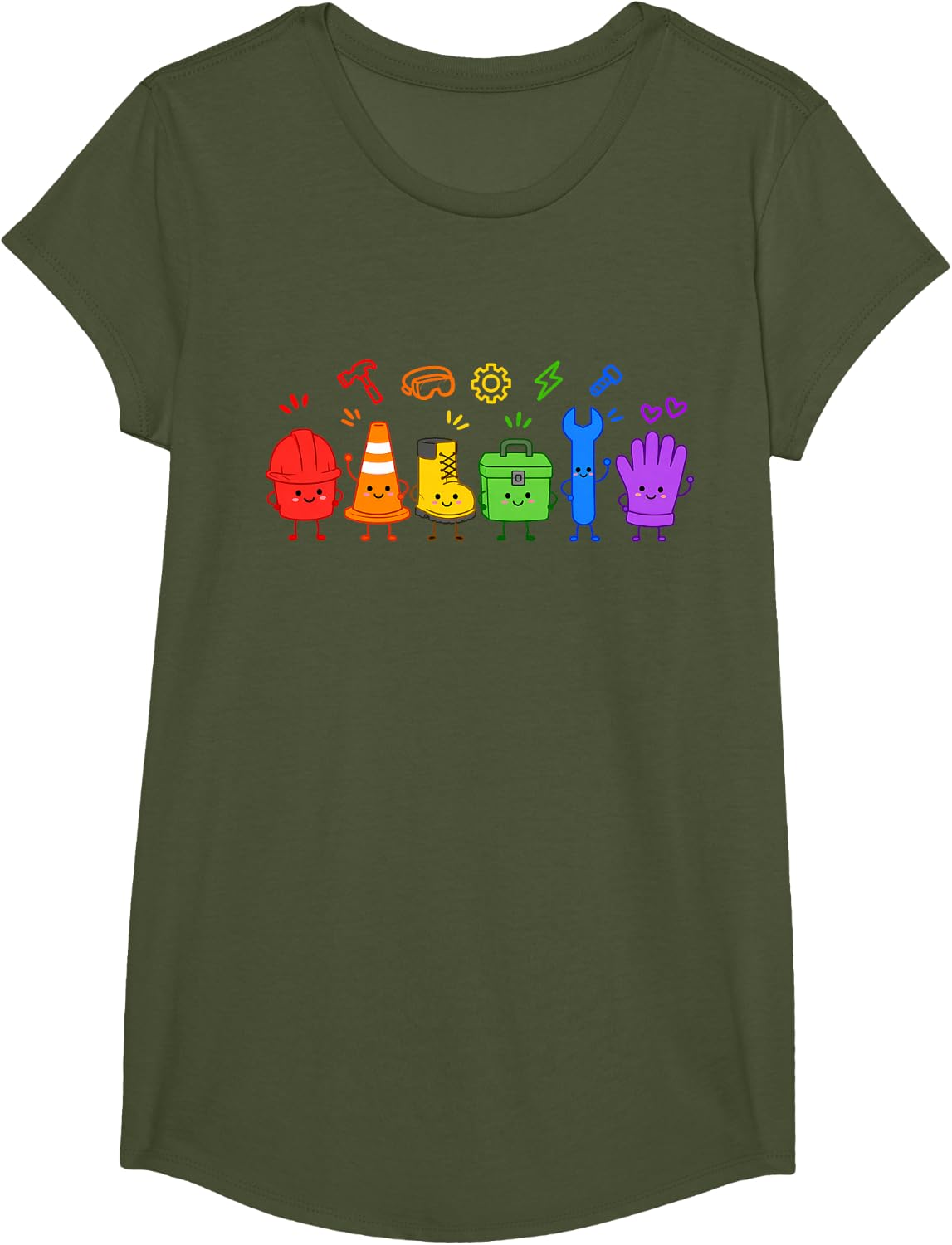 Blue Collar Worker Cute Tools Construction Tradesman Doodles T-Shirt - Girls Olive Green